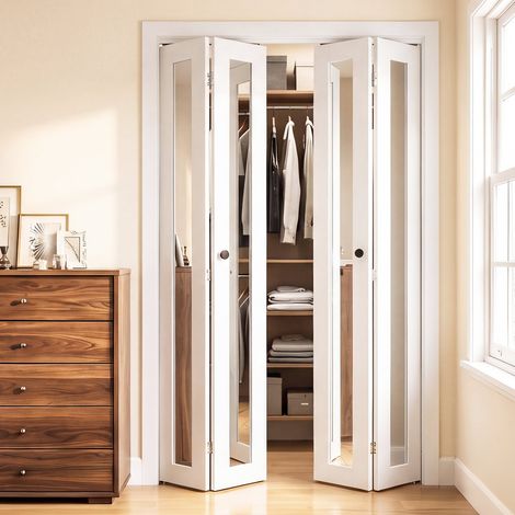Porte de Placard Pliante à 4 Vantaux Miroir Pleine Hauteur, Blanc, 1219x2032 mm, Porte Interieur avec Kit de Quincaillerie Métallique, Cadre Composite, Style Moderne, pour Chambre et Dressing (1/5)