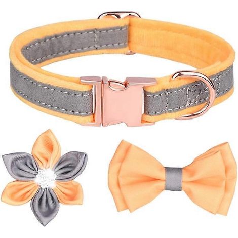 Prinz Katzenhalsband, Hundehalsband mit Blumenfliege und funkelndem Kristall - 3er-Set, grau und gelb, Größe M.