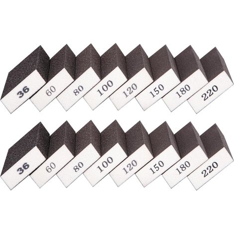 16-teiliges Schleifschwamm-Set, grobe und feine Schleifklötze, Schleifklotz-Polierset, für Nass- und Trockenbearbeitung, Körnung 36/60/80/100/120/150/180/220 zum Schleifen und Polieren von Metall und 