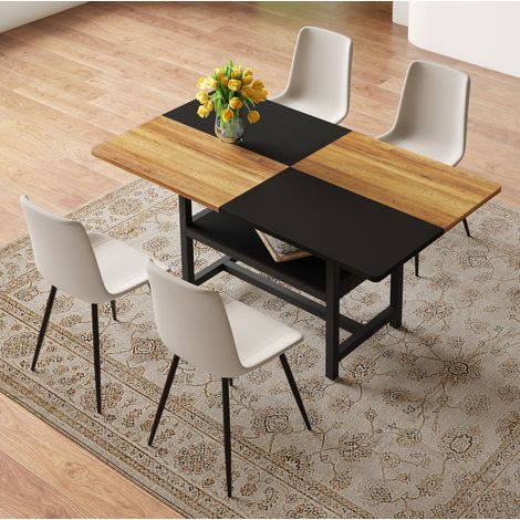 Esstisch-Set mit Ablagefach, 4 braunen Stühlen aus Tech-Fabric, MDF und Metall, braun und schwarz (1/5)
