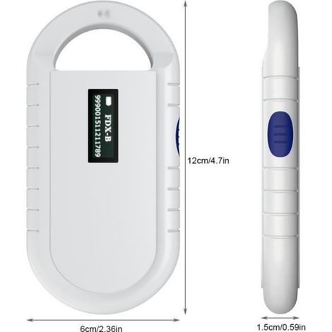Lecteur RFID Puce Animal - 134,2 kHz - ISO11784/11785 FDX-B ID64 - Écran Rétroéclairé - Batterie Lithium - 5 h Autonomie - Blanc (1/4)