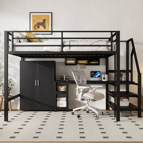 Lit mezzanine 140x200 cm noir avec placard, étagères et bureau intégré – lit multifonction sans matelas (1/5)