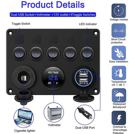 Panel de interruptores basculantes Panel de interruptores basculantes Panel eléctrico Barco Coche Impermeable Doble USB DC 12V/24V LED Camión Remolque Vehículos marinos SUV Camper, BR-Life (1/4)