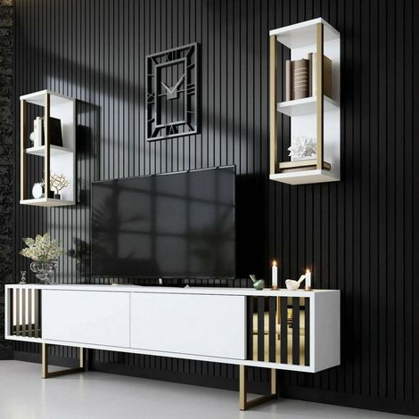 Meuble TV, Buffet de Salon, Armoire Basse pour TV, Base Murale de Rangement, 180x30h48 cm, Blanc et Noir (1/5)