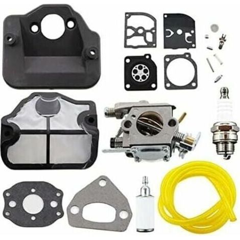 Carburateur avec Filtre à Air, Bougie d'Allumage et Kit de Réparation de Membrane pour Tronçonneuses Husqvarna 36, 41, 136, 137, 141, 142, 137E, 142E, Remplace le Modèle Zama C1Q-W29E. (1/4)