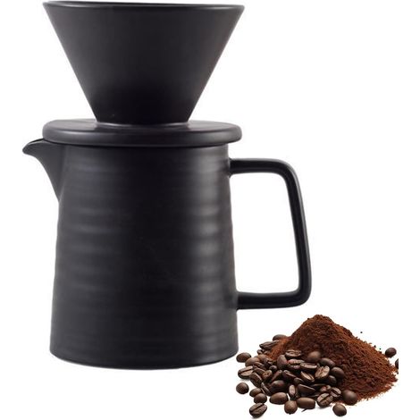 Porcelain Coffee Filter with 500ml Jug (Fits for Size 1 Filter Paper), Small Coffee Maker with Filter, Reusable Coffee Filter (Black) (1/5)