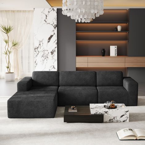 Modulares 3-Sitzer-Ecksofa aus Cord-Samt, kompakt zusammenklappbar mit 3 Kissen und 1 Hocker, keine Montage erforderlich, 303 x 202 x 82 cm, Schwarz