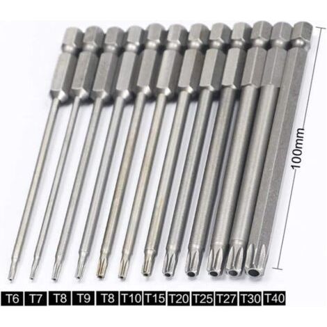 Set of 11 long Torx bits for screwdrivers and electric screwdrivers - Magnetic bits - 1/4" hexagonal shank - Sizes T6 to T40 - Length 100 mm (1/4)