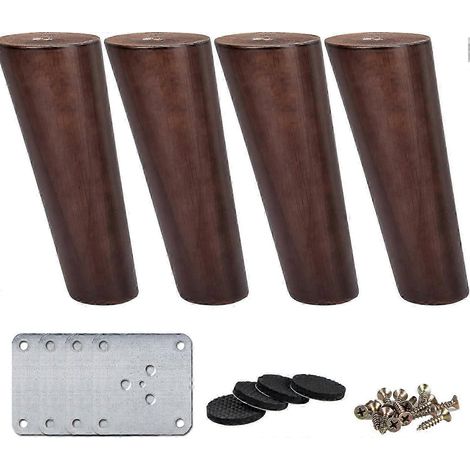 Quatre pieds de remplacement coniques en bois massif de noyer avec plaque de montage, compatibles avec les canapés, les armoires, les supports TV, etc., couleur noyer, 10/25 cm. (1/5)