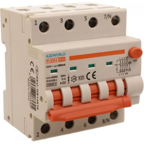 RCBO Interruttore Magnetotermico Differenziale Con Doppia Leva Tipo A Curva B 4P 4M 6000A 300mA, Diagnostica Visiva, B16A  AC 400V IP20 IEC61009-1 PL8M4 4P
