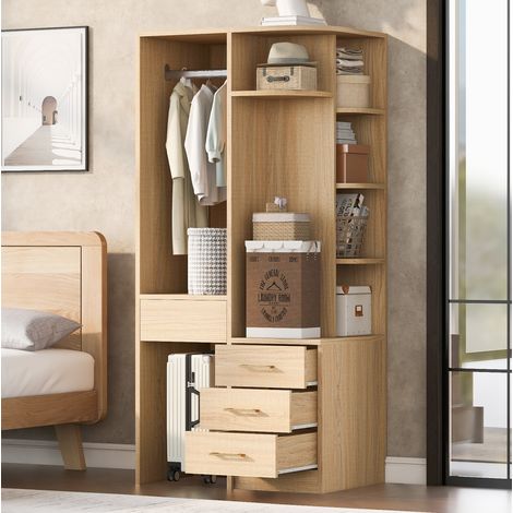 Armoire ouverte avec penderie, étagères et tiroirs 70 x 55 x 175 cm, finition bois (1/5)