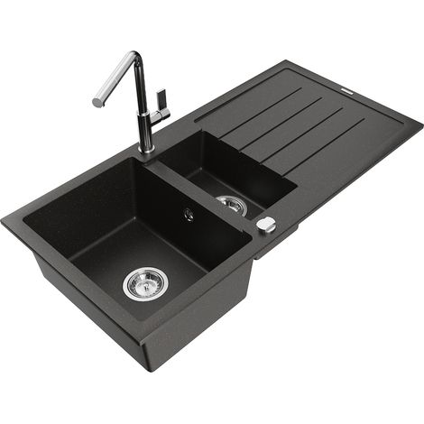 Mexen Andres 1,5-Becken-Granitspüle mit Abtropffläche und Mischbatterie Flora, Schwarz/Gold metallis
