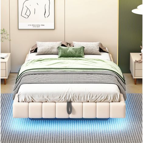 Letto imbottito 140x200 cm beige in tessuto e metallo con contenitore e LED (1/5)