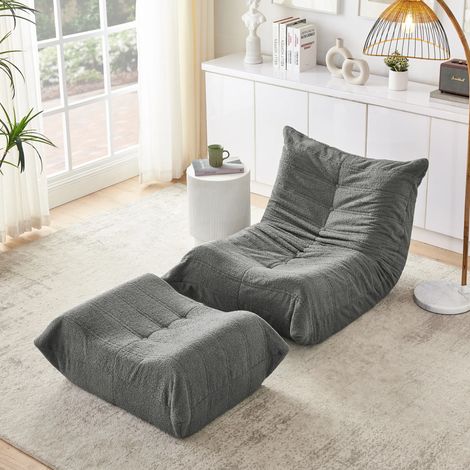 Lazy Sofa mit Rückenlehne und Fußhocker, Relaxsessel, Weicher Teddyfell-Bohnensack-Bodenlesesessel, Bequemer Einzel-Bodensofa für Wohnzimmer, Schlafzimmer, Arbeitszimmer, Apartment, Gray