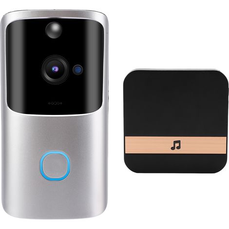 Sonnette vidéo sans fil Wi-Fi intelligente avec interphone, télécommande, alarme et surveillance, argent 90-260VUS (1/5)