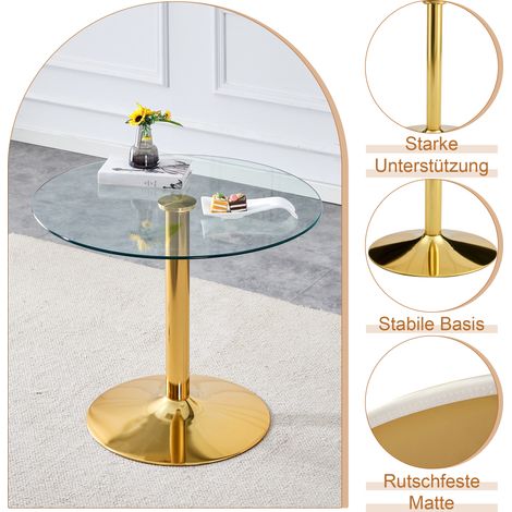 Table ronde en verre doré 85 cm avec piètement métal, assortie à 4 chaises de salle à manger noires et dorées, style moderne minimaliste. (1/5)