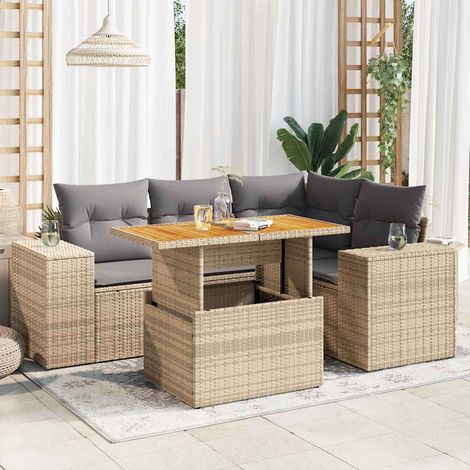 Salon de jardin 5 pièces en résine tressée beige avec coussins et table relevable, 55.3kg - PANGIVO (1/5)