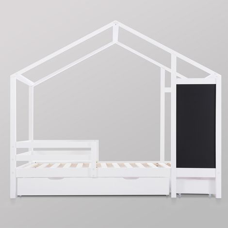 Lit cabane 90x200 cm, Lit enfant, lit en bois avec tableau et 2 tiroirs, bois massif avec barrière et sommier, blanc (1/5)