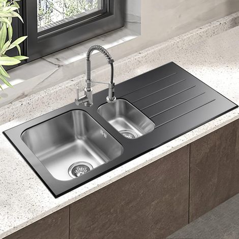 JASSFERRY Glossy Black Glass Top Kitchen Sink Stainless Steel 1.5 One Half Bowl Right Hand Drainer, 1000 X 500 mm