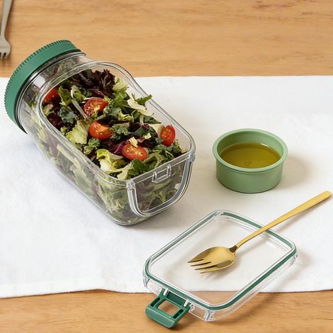 bocal à salade étanche à ouverture latérale, avec compartiment à sauce hermétique, empilable, pour la conservation des salades (1/5)