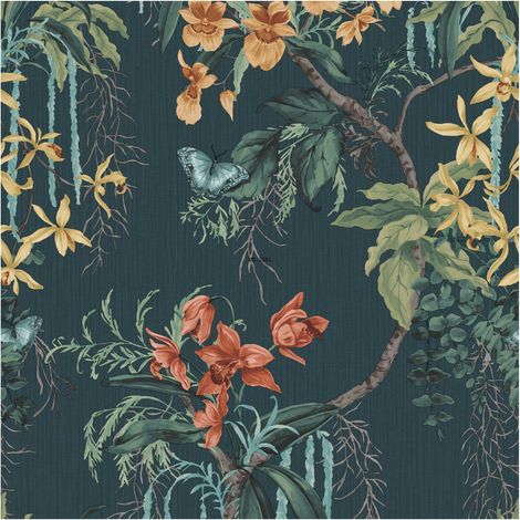 Suki Trail Orchid Wallpaper Dark Green and Blue Paste the Paper 10.05m x 53cm (1/4)