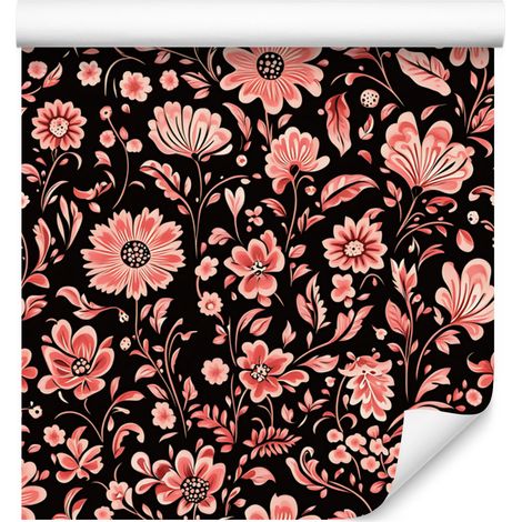 Papier peint fleuri bordeaux, rouge et corail pour salon et chambre 50x1000 (1/5)
