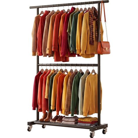 Portant à vêtements à double tringle, cintre à roulettes avec maille inférieure, porte-vêtements pour suspendre vêtements, manteaux, jupes, pulls, noir (1/5)