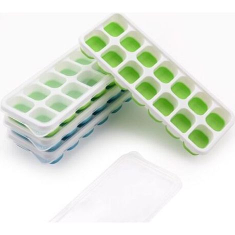 Bandeja para cubitos de hielo, juego de 4 moldes para cubitos de hielo con tapas, 14 bandejas de silicona para cubitos de hielo, con certificación LFGB y sin BPA, aptas para alimentos infantiles, colo (1/5)