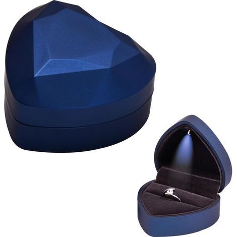 Ringbox aus Samt, Ringbox mit LED-Beleuchtung, herzförmiges Ringkästchen, Schmuckaufbewahrungsbox, Ringgeschenkbox für Hochzeit, Verlobung, Zeremonie, 70x65x45MM (Blau) (1/5)