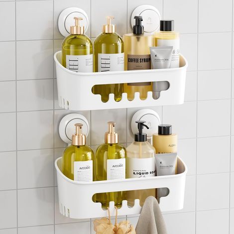 Lot de 2 paniers de douche à ventouse blanc, organiseur de salle de bain robuste, étagères amovibles en plastique étanche (1/5)