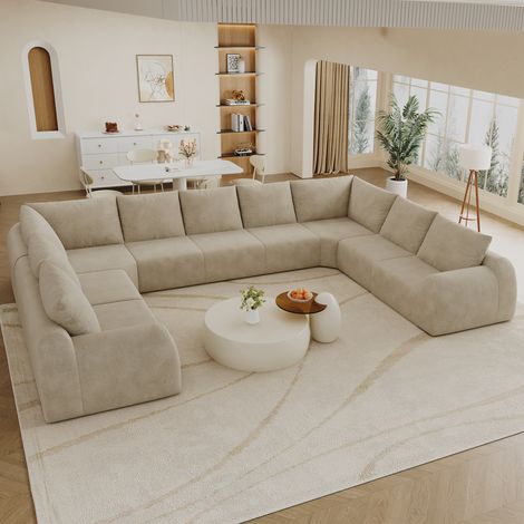 Canapé d'angle en U, canapé modulable 7 places en tissu chenille kaki, sans cadre, mousse haute élasticité, livré compressé sans montage, 411 × 267 × 85 cm, grand salon, appartement et espace détente (1/5)