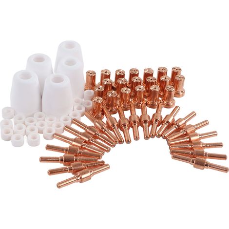 Kit de 65 consommables plasma pour torche plasma CUT 40 : électrode, buse, protection, coupelle et anneau de turbulence de rechange.