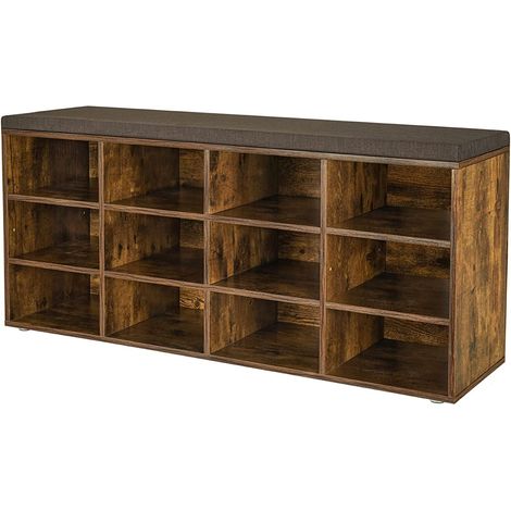 Banc à chaussures, banc de rangement avec assise rembourrée, avec coussin, 12 compartiments, étagères réglables, pour salon, entrée, 30,3 x 104 x 48 cm, marron rustique LHS012B01 (1/5)