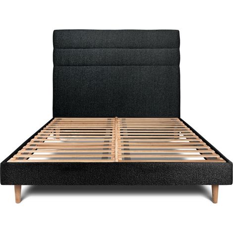 Lit 150x200cm avec tête de lit lignes bouclette et sommier kit Noir - Hauteur totale : 29cm (1/5)