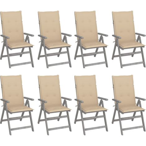 8 pcs Chaises inclinables avec coussins, Chaises à dîner, Fauteuils de jardin Gris Acacia BGT78096 (1/5)