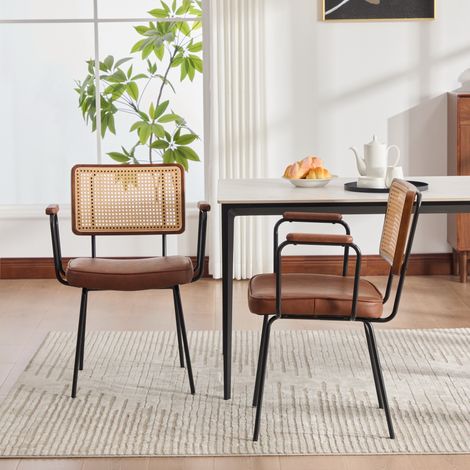 Chaise de salle à manger lot de 2, fauteuil de table vintage avec accoudoirs pour salon, cadre bois massif et dossier effet rotin, Marron (1/5)