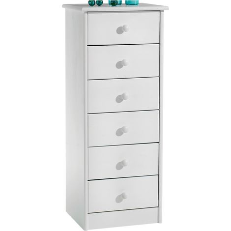 Idimex – Chiffonnier en pin massif blanc – 6 tiroirs sur rails plastiques – Dimensions monté 106 x 43 x 35 cm – Design simple et robuste