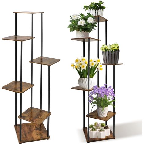Support à plantes moderne à six couches avec étagères en bois et support à fleurs d'angle en métal, à l'intérieur et à l'extérieur-support à plantes multicouches, adapté aux jardins, porches, balcons,