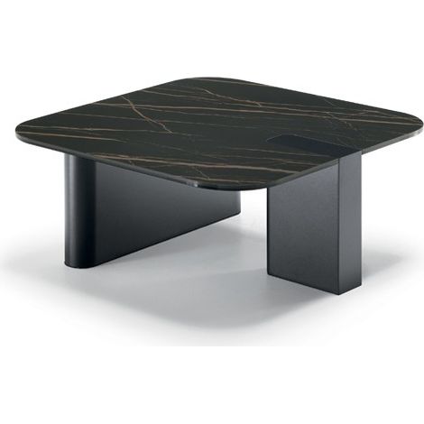 Tavolino da salotto Lock con piano in ceramica su vetro marmo nero portoro e struttura in metallo nero - 70x70x29.5 cm (1/3)