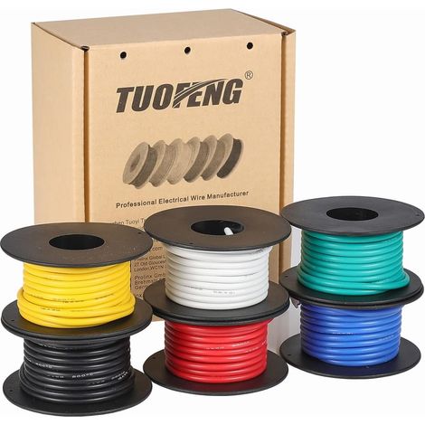 14awg fil de silicone flexible, fil de cuivre étamé n ° 14 isolation en caoutchouc de silicone (6 couleurs différentes, 4 mètres chacun) 600V torsadé câblage de voiture (1/5)