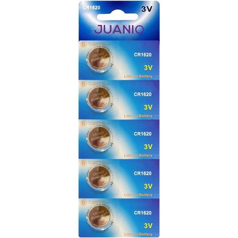 Lot de 5 Piles bouton plates lithium 3V type CR1620 / DL1620 / E-CR1620 / 5009LC - Juanio - (1/2)