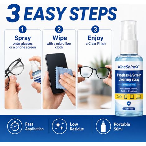 KineShineX Glasses Screen Cleaner Spray - Removes dirt and dust from phone and computer lenses, leaving no residue. (1/4)