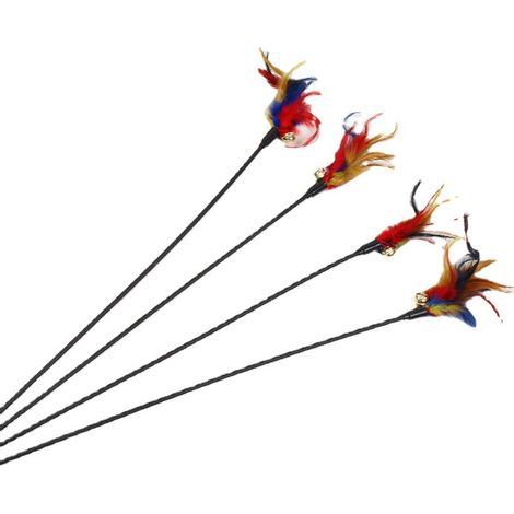 4 pièces, Canne à pêche à plumes, plastique, longueur de la canne 50 cm, plumes colorées avec grelots, bâtons adaptés aux chats (1/5)