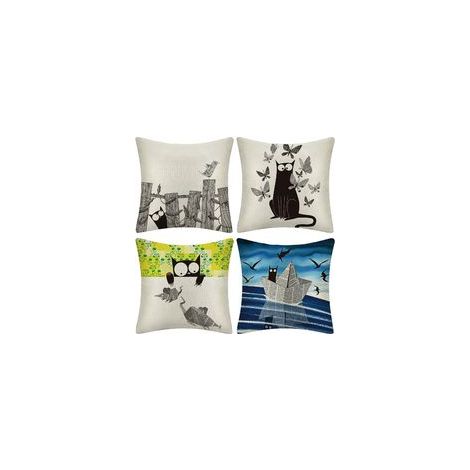 Lot de 4 housses de coussin extérieures, motif chat noir, 45x45 cm, en lin, pour canapé, salon, chambre, lit.