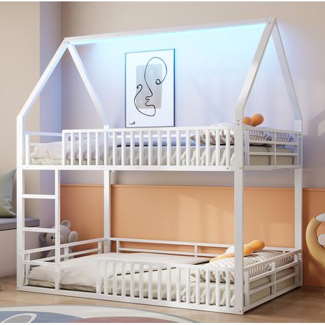 Cama litera casita 204x145x214 cm, con barandilla estilo valla y luz LED, metal, blanco (1/5)