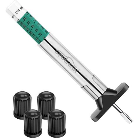 Reifenprofiltiefenmesser mit 4 Ventilkappen, Dualskala 0-25mm/0-32/32", farbcodiert (1/5)