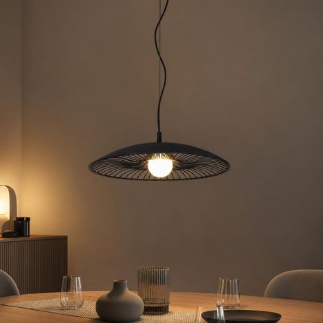 Suspension, lampe de salon, noir et blanc, grille en métal et verre, D 60 cm (1/5)