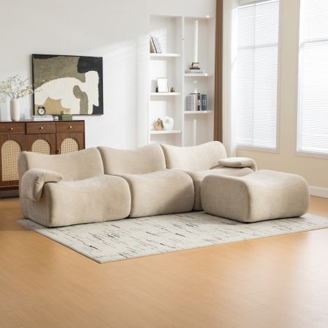 Canapé modulable 3 places avec méridienne, sans montage, assise moelleuse, chenille anti-boulochage, kaki clair (1/5)