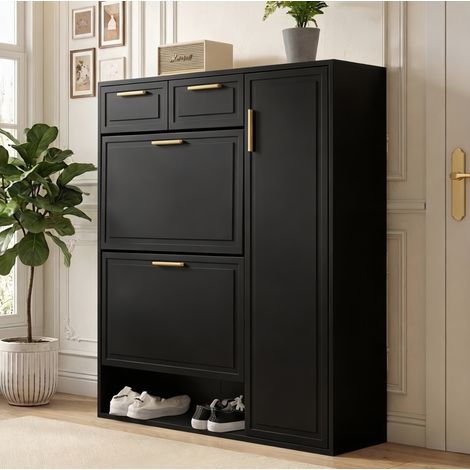 Mueble zapatero negro 95 x 24 x 107,5 cm con cajones, puertas y estantes regulables DESVIAE (1/5)