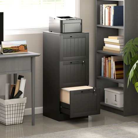 Caisson bureau bois 3 tiroirs serrure barres suspension réglables 40×40×101 cm Noir (1/5)